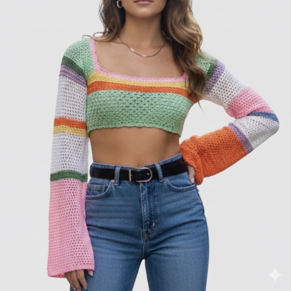 🎁 FREE W/ BUNDLE*  Colorblock Crochet pullover Crop knit top Swim cover  Small